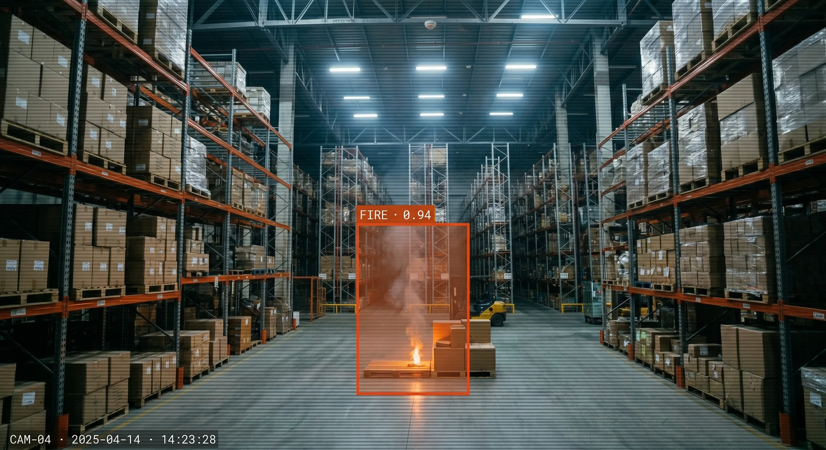 Tentosoft AI detecting fire in a warehouse within 30 seconds with visual bounding box
